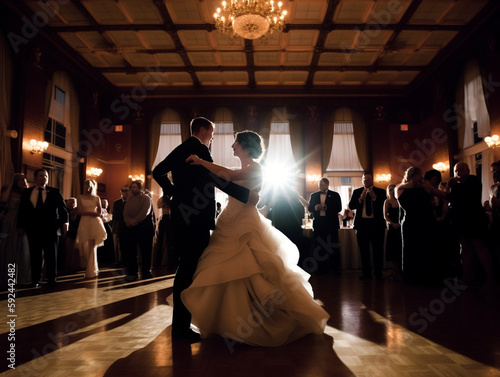 Hochzeit im Saal, Brautpaar tanzt, Gäste im Hintergrund