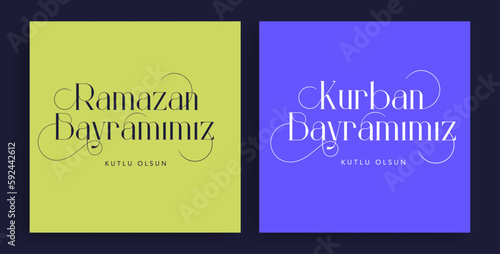 Holy Month of Muslim Community Ramadan Kareem, Feast of the Sacrifice greeting card, social media template, poster.(Turkish translation: Ramazan Bayramınız kutlu olsun. Kurban Bayramınız kutlu olsun.)