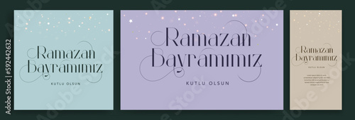 Holy Month of Muslim Community Ramadan Kareem, Feast of the Sacrifice greeting card, social media template, poster.(Turkish translation: Ramazan Bayramınız kutlu olsun. Kurban Bayramınız kutlu olsun.)