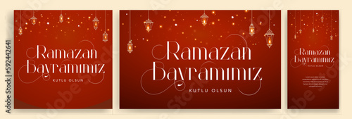 Holy Month of Muslim Community Ramadan Kareem, Feast of the Sacrifice greeting card, social media template, poster.(Turkish translation: Ramazan Bayramınız kutlu olsun. Kurban Bayramınız kutlu olsun.)