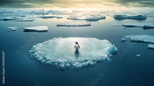 Penguin standing out on an ice floe in an Antarctic ocean
