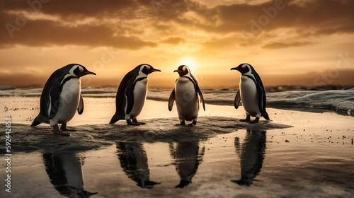 Five penguins standing on an ice floe in the sunset
