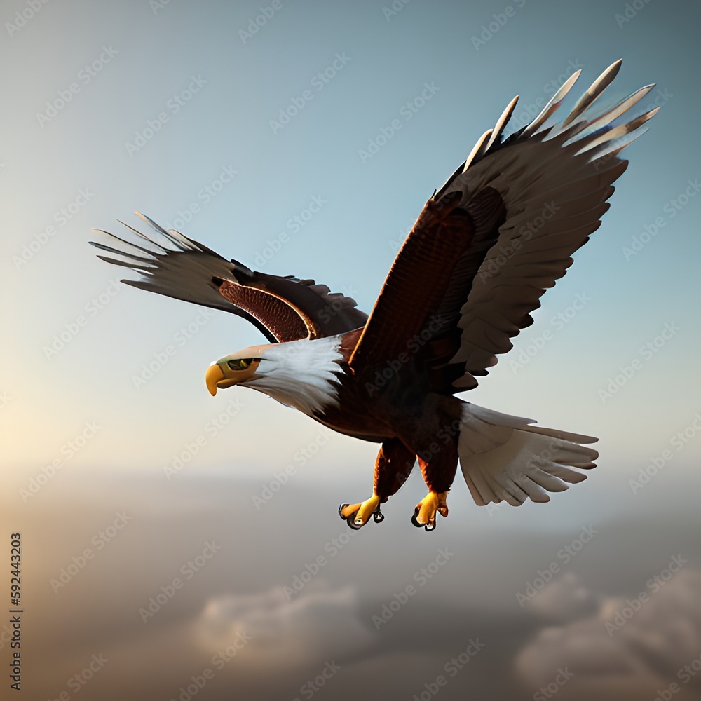 Obraz premium Flying eagle in the background with clouds ai Generated, generative AI, CGI graphics