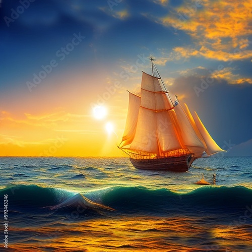 Fishing sailboats at sea at sunrise in the early morning ai Generated, generative AI, CGI graphics