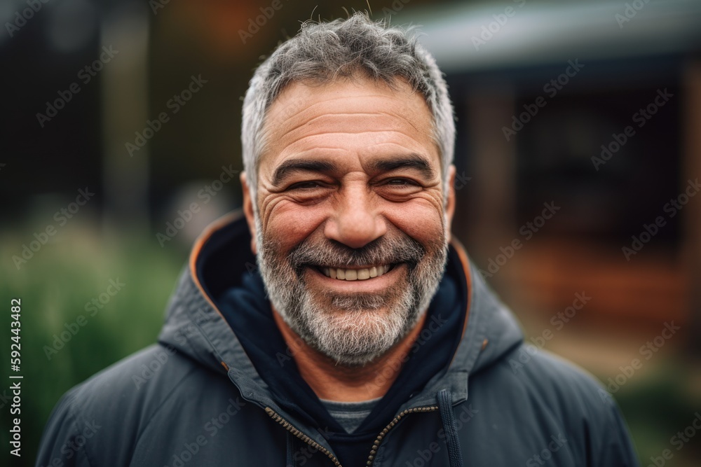 Portrait of a smiling senior man with gray hair and beard outdoors