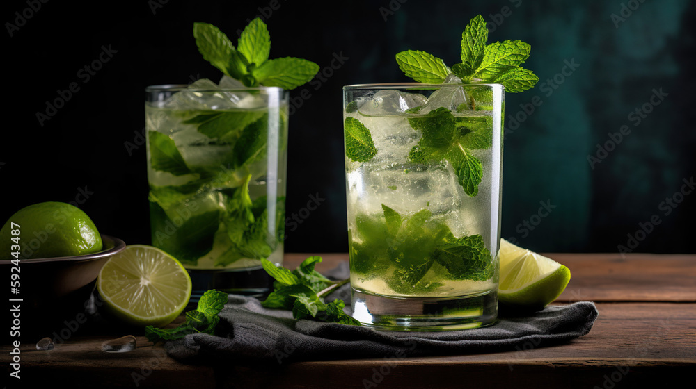 Incredible image of mojito cocktail with mint, ice and lemon on wooden table and preparation elements around it. Incredible image of mojito cocktail with mint, ice and lemon on wooden table and preparation elements around it.