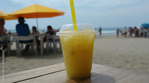 Pina colada in a plastic cup on a table with the beach in the background.