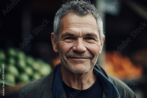 Close-up portrait photography of a pleased man in his 50s wearing a comfortable tracksuit against a farm market or harvest background. Generative AI