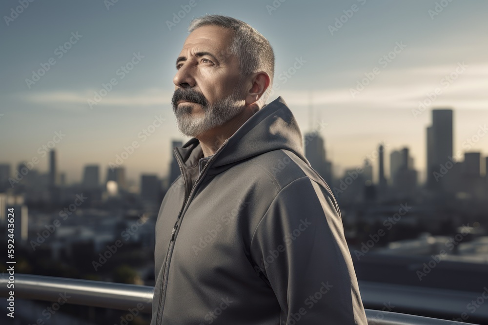 Pet portrait photography of a satisfied man in his 50s wearing a comfortable tracksuit against a futuristic city or skyline background. Generative AI