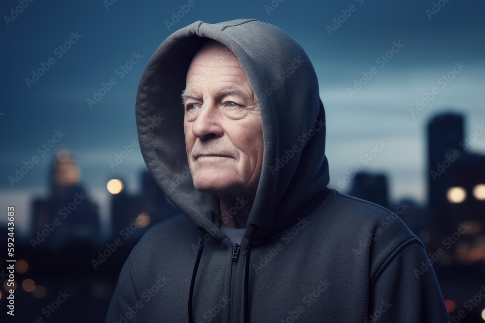 Portrait of an elderly man in a hood against the background of the night city