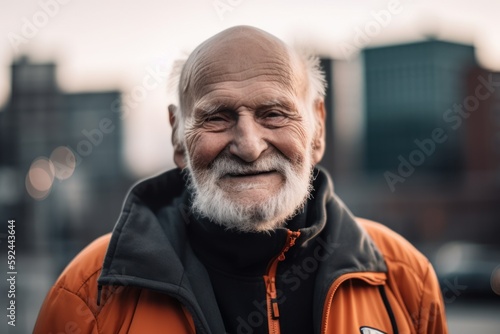 Portrait of an old man in an orange jacket on the background of the city
