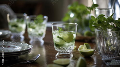 Amazing image of mojitos cocktails with mint, ice and lime on family table.