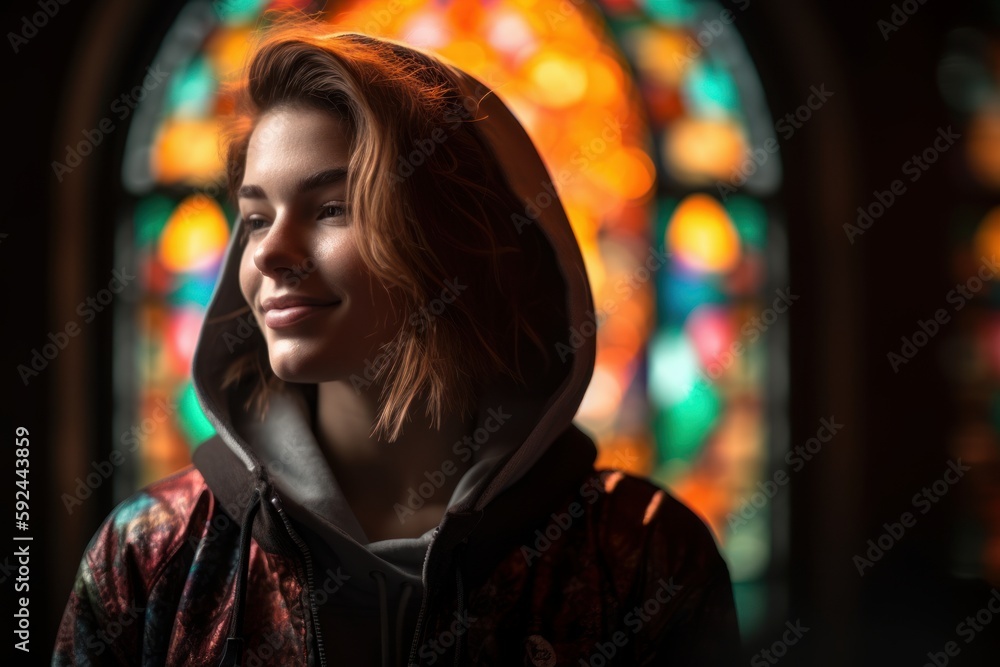 Portrait of a beautiful young woman in front of stained glass window
