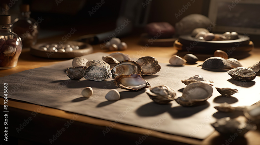 Detailed image of open and dry oysters on a wooden table.
