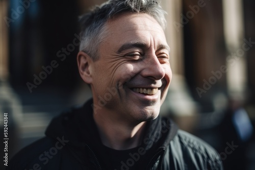 Portrait of a handsome middle-aged man with gray hair smiling outdoors