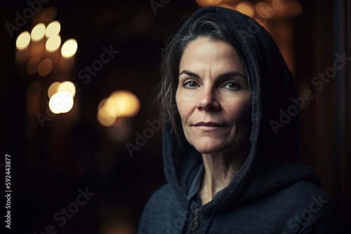 Portrait of a middle-aged woman in a black hoodie