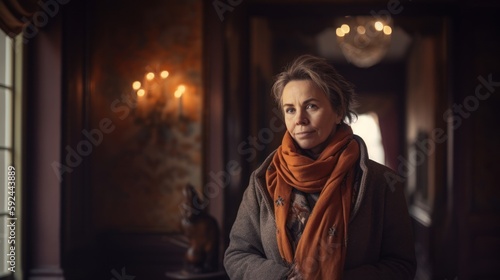 Portrait of a middle-aged woman in an old house.