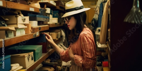  person browsing through vintage clothing and accessories at thrift store, concept of Retro Fashion and Thrift Shopping, created with Generative AI technology