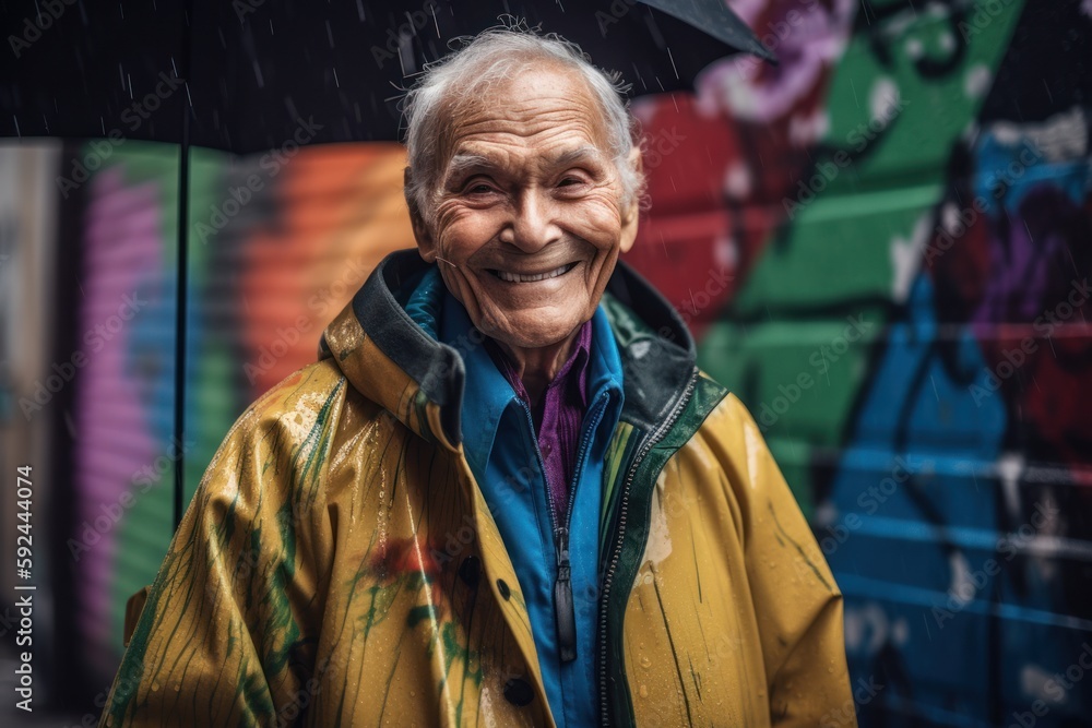 Lifestyle portrait photography of a grinning man in his 80s wearing a vibrant raincoat against a graffiti background. Generative AI