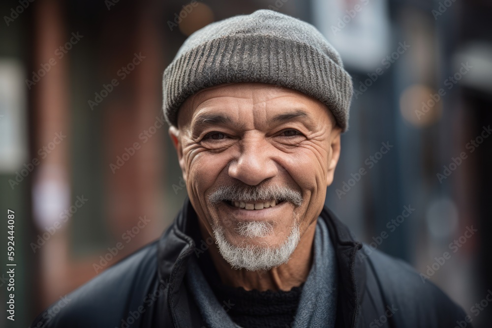 Portrait of an old man with grey hat in the city.