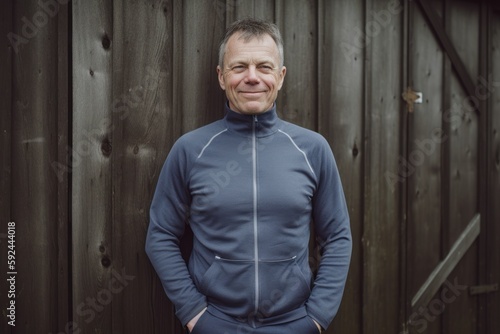 Portrait of a smiling senior man in sportswear standing with hands in pockets on a wooden background