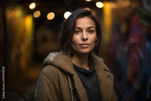Portrait of a beautiful young woman in a dark street at night