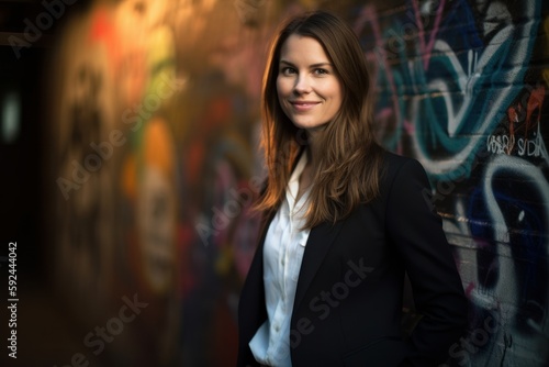 Portrait of a young businesswoman in front of a graffiti wall