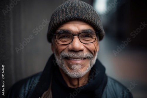 Portrait of a smiling senior man with hat and glasses in the city