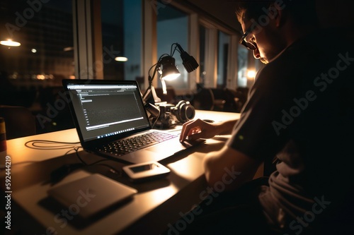 Programmer engaged in web development and design with a computer on the desk, during the late afternoon