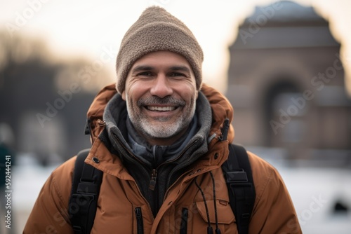 Portrait of a smiling man with backpack looking at the camera.
