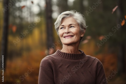 Portrait of a smiling senior woman in the autumn forest. Looking at the camera.