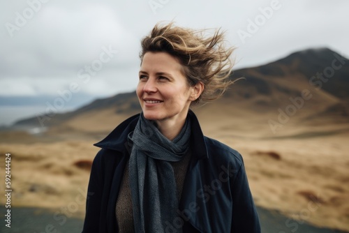 Portrait of a beautiful woman with hair in the wind in Iceland