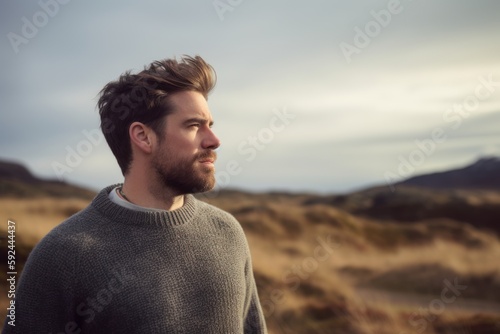 Medium shot portrait photography of a tender man in his 30s wearing a cozy sweater against a windswept or dramatic landscape background. Generative AI