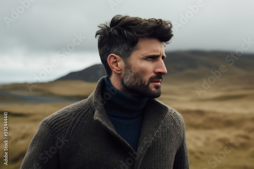 Handsome young man with beard and mustache, wearing warm sweater, standing outdoors, looking away