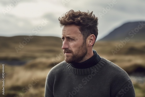 Portrait of a handsome young man with long curly hair and beard, wearing a grey sweater, standing outdoors on a cloudy day.