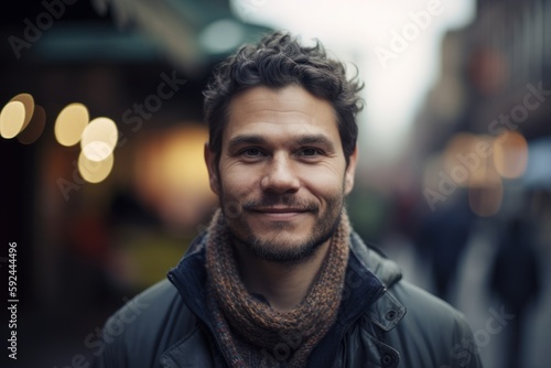 Portrait of a handsome young man with a beard and mustache in the city