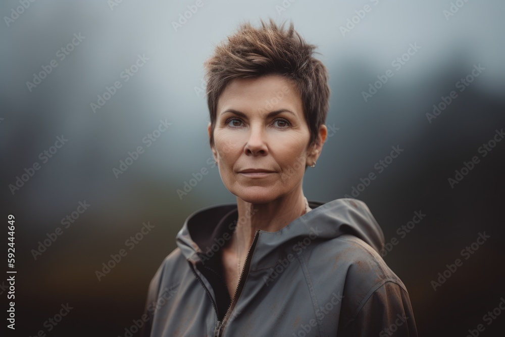 Headshot portrait photography of a satisfied woman in her 40s wearing a trendy jumpsuit against a foggy or misty landscape background. Generative AI Headshot portrait photography of a satisfied woman in her 40s wearing a trendy jumpsuit against a foggy or misty landscape background. Generative AI