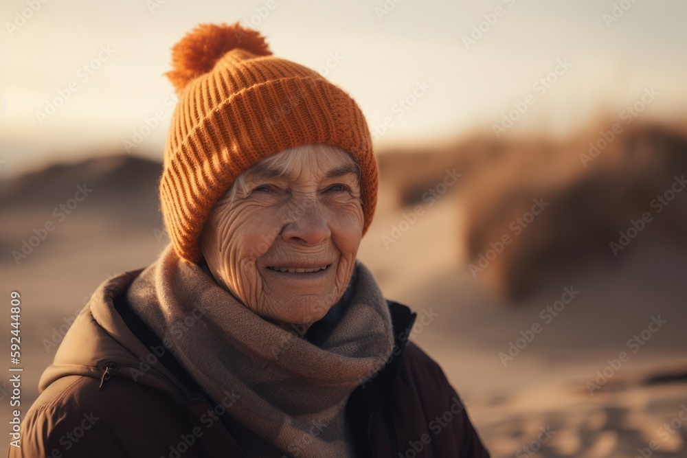 Portrait of an elderly woman in a warm hat and scarf in the desert.