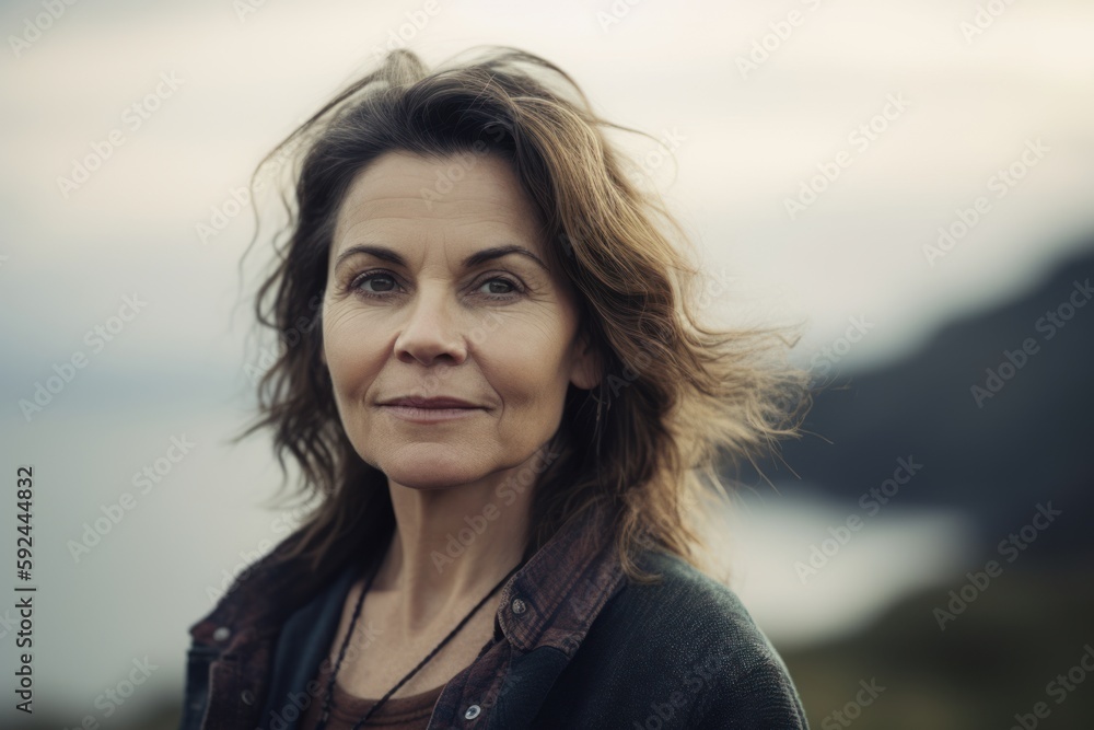 Portrait of a beautiful middle-aged woman in the mountains.
