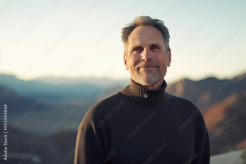 Portrait of a handsome middle-aged man with grey hair smiling at the camera while standing in a mountain valley