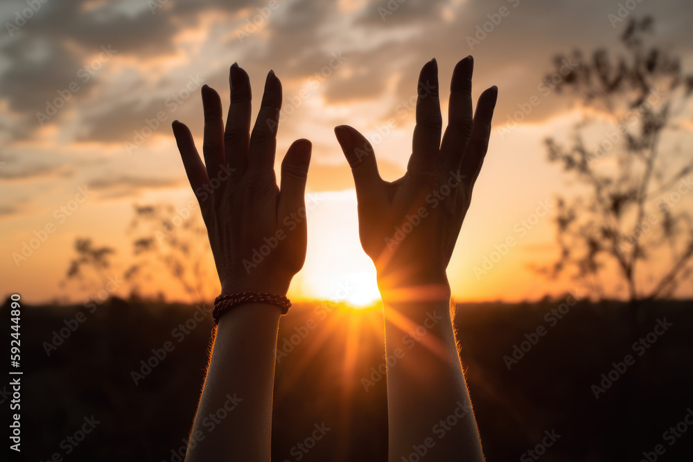 hands raised to the sun meditation receiving warm energy generative ai