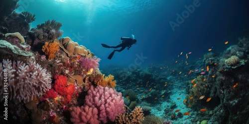 Rear view of underwater shot of scuba diver exploring mesmerizing colorful coral reef, created with Generative AI technology