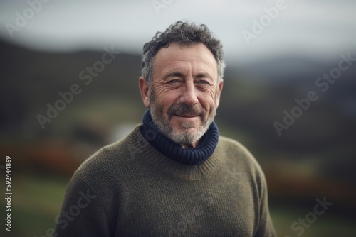 Portrait of a smiling middle-aged man standing outdoors in the countryside