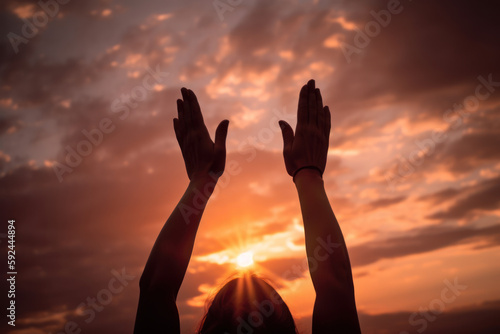 hands raised to the sun meditation receiving warm energy generative ai