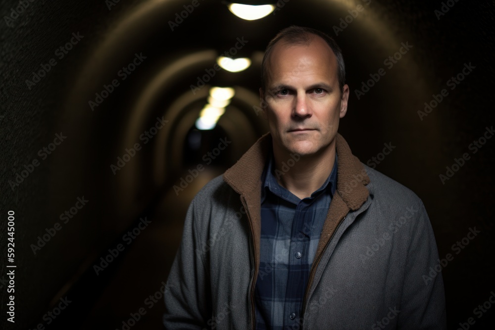 Portrait of a middle-aged man standing in a tunnel.