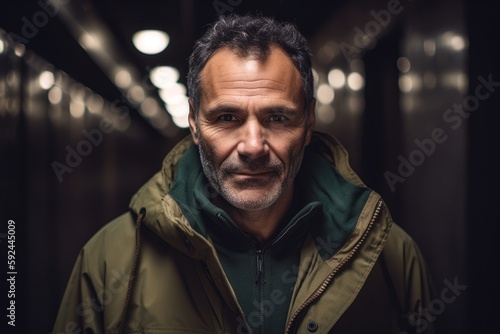 Portrait of a man in a raincoat looking at the camera
