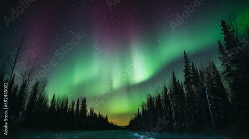 green aurora borealis in northern light forests trees and sky landscape generative ai © Poter