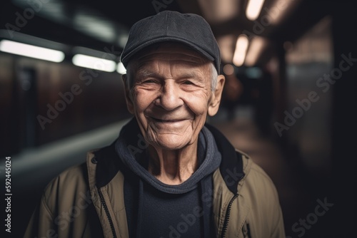 Portrait of an elderly man in a cap and jacket in the subway