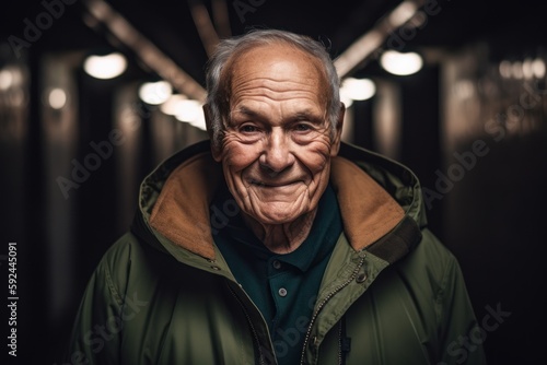 Portrait of an elderly man in a green jacket on a dark background