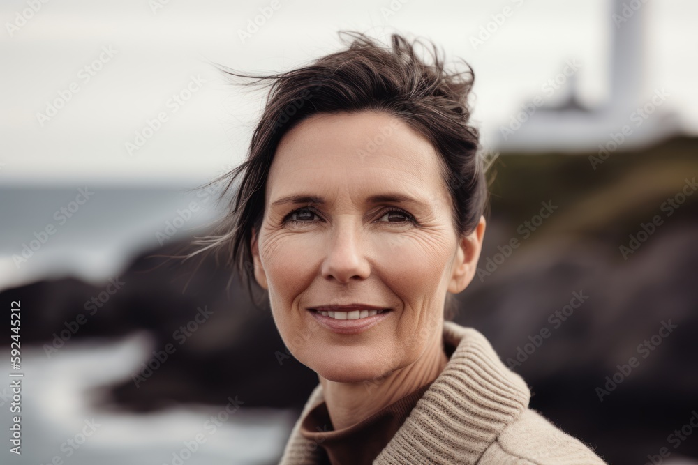 Portrait of smiling mature woman looking at camera while standing in front of ocean
